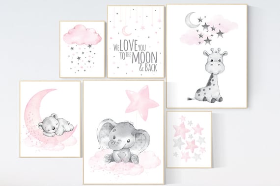 Animal prints for nursery, giraffe, bear, pink grey, nursery decor girl pink, nursery decor girl, girl nursery ideas, animal prints