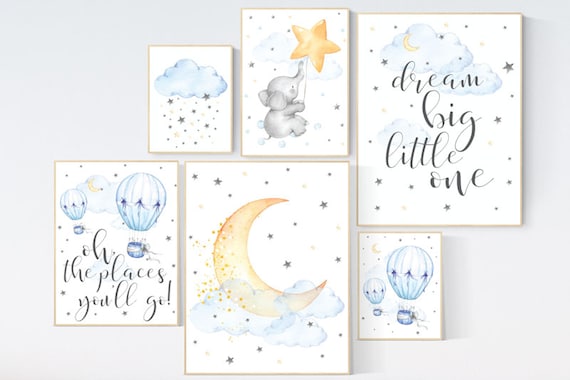 Nursery decor elephant, blue and yellow, gender neutral, dream big little one, nursery wall art neutral, hot air balloon, cloud and stars