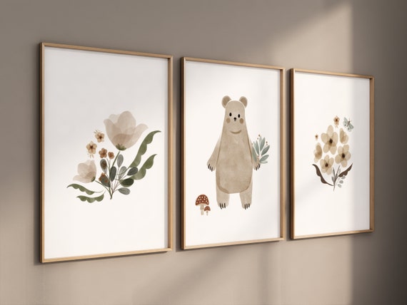 Nursery decor girl boho, Boho Nursery Decor, woodland nursery, flower nursery, neutral colors, Boho prints, earth colors, bear nursery