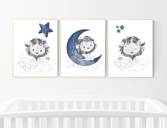 Lion nursery wall art, Nursery decor boy, navy blue nursery art, boy nursery ideas, boy nursery decor, set of 3, lion nursery decor, safari