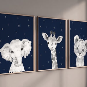 Nursery decor elephant and giraffe, animal nursery prints, navy nursery, navy blue nursery, baby room wall art, woodland animal prints