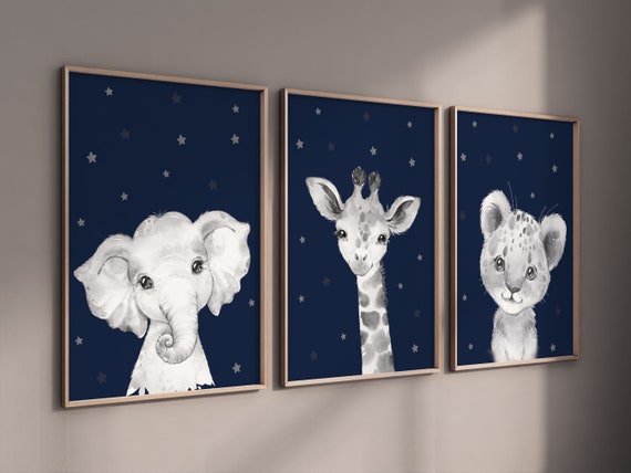 Safari Nursery decor, Safari nursery prints, Nursery wall art, navy nursery, navy blue nursery,  Safari baby animal prints, baby room art