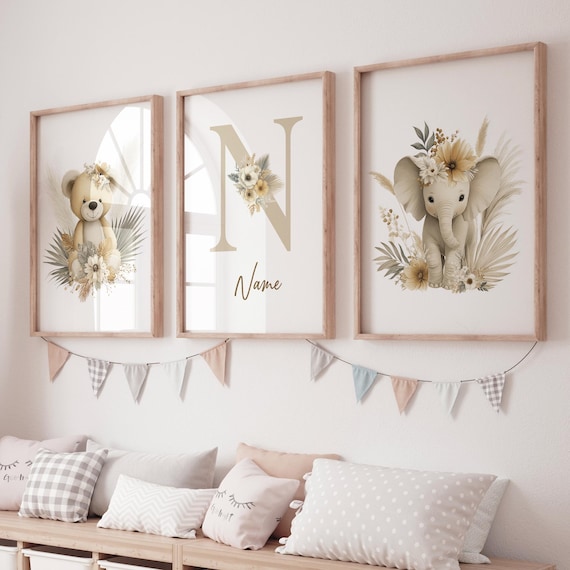 Boho Safari Nursery Prints: Bear, Giraffe, Elephant - Set of 3