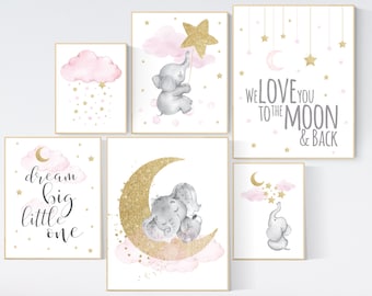 Elephant Nursery Decor: Pink & Gold Moon, Stars Art Prints