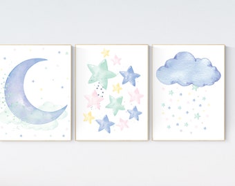 Nursery Art Prints: Blue Moon, Stars, Cloud Set of 3