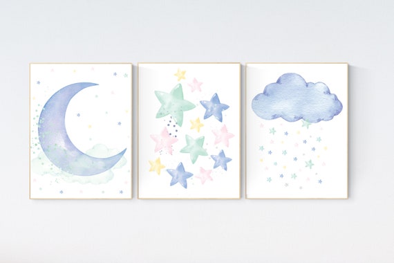 Blue mint nursery decor, cloud and stars, moon and stars, blue and mint, yellow, pink, nursery art. baby room wall art, set of 3