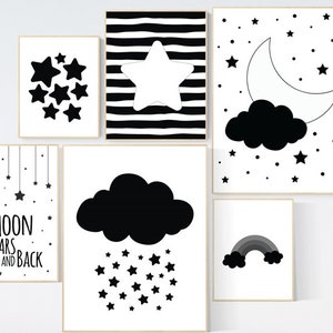 Impressions de chambre de bébé en noir et blanc, décoration de chambre de bébé neutre, art mural de chambre de bébé noir et blanc, nuage et étoiles, art de pépinière noir et blanc
