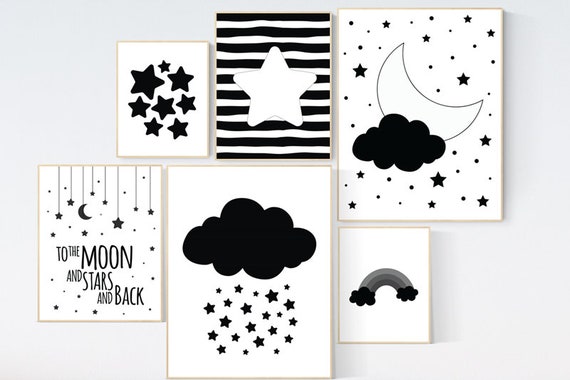 Black and white nursery prints, baby room decor gender neutral, Nursery wall art black and white, cloud and stars, black white nursery art