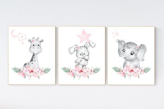 Nursery decor girl elephant, bunny, giraffe, nursery decor girl flower, nursery decor girl floral, Boho baby room, pink nursery decor