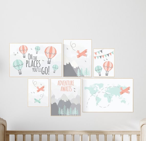 Adventure awaits nursery, Mountain nursery, coral teal, Adventure nursery, coral and teal, airplane, world map, hot air balloon, boy nursery