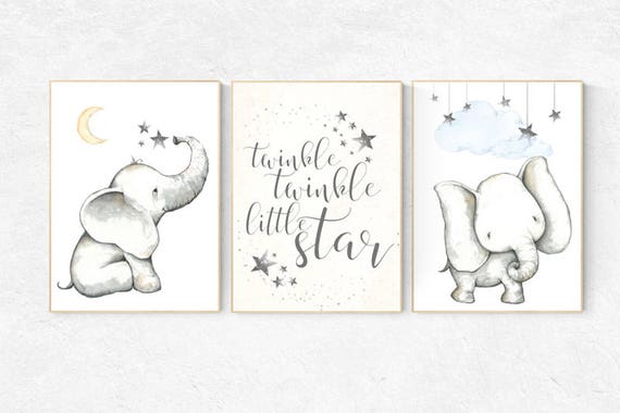 Nursery decor neutral, Elephant decor for nursery, Twinkle Twinkle Little Star, nursery prints elephant, elephant nursery, kids room, animal