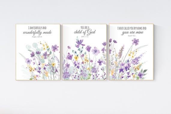 Purple and yellow flower nursery decor girl, wildflower, girls room decor, lavender nursery, lilac nursery, bible verse, christian art
