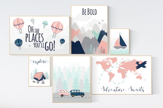 Adventure awaits nursery, Mountain art print set, coral navy mint, Adventure nursery,  coral mint girl, airplane, world map, hot air balloon