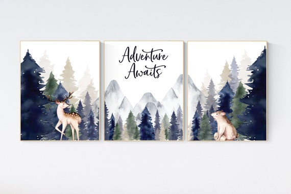 Woodland Nursery Prints, Mountain Print, sage nursery, nursery decor boy mountain, adventure theme nursery, forest, woodland animals