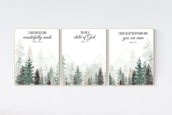 Nursery decor mountain, nursery wall art, tree nursery decor, adventure theme nursery, forest, sage green, bible nursery, verse nursery