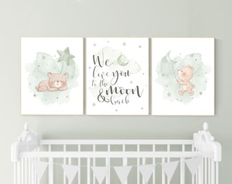 Sage Green Bear Nursery Print Set: Gender Neutral Baby Room Decor