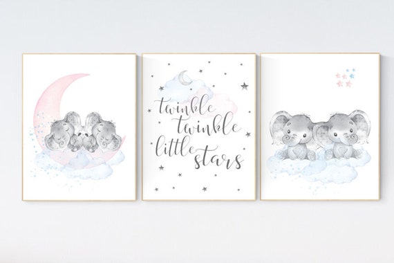 Nursery decor twins, Twin nursery, elephant nursery, moon and stars, twinkle twinkle little ones, twins room decor, blue pink, boy, girl