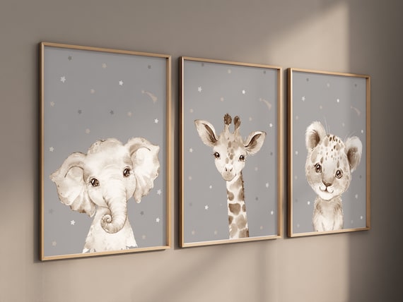 Nursery decor elephant and giraffe, animal nursery prints, grey nursery, neutral nursery, baby room wall art, woodland animals, gray nursery
