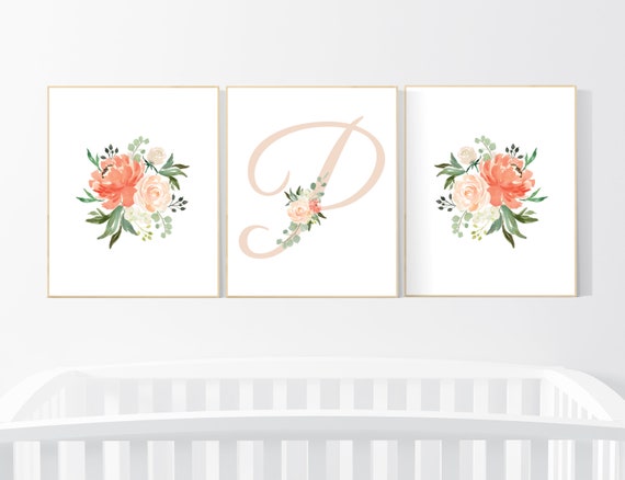 Nursery decor girl coral, nursery decor girl flower, nursery decor girl floral, pink roses, peach nursery decor flower nursery decor initial