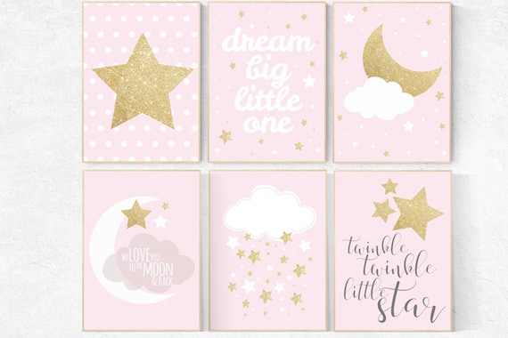 Pink gold nursery art, dream big little one, twinkle twinkle little star, nursery decor, pink and gold, moon nursery, baby girl wall art