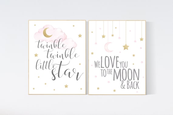 Nursery wall art girl, gold and pink, cloud, moon, stars, girl nursery ideas, nursery wall art, we love you to the moon and back