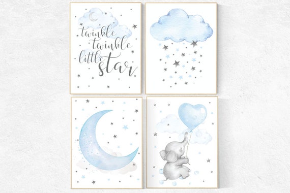 Elephant nursery, Nursery decor boy, nursery wall art, twinkle twinkle little star, nursery art, blue nursery decor, cloud and star nursery