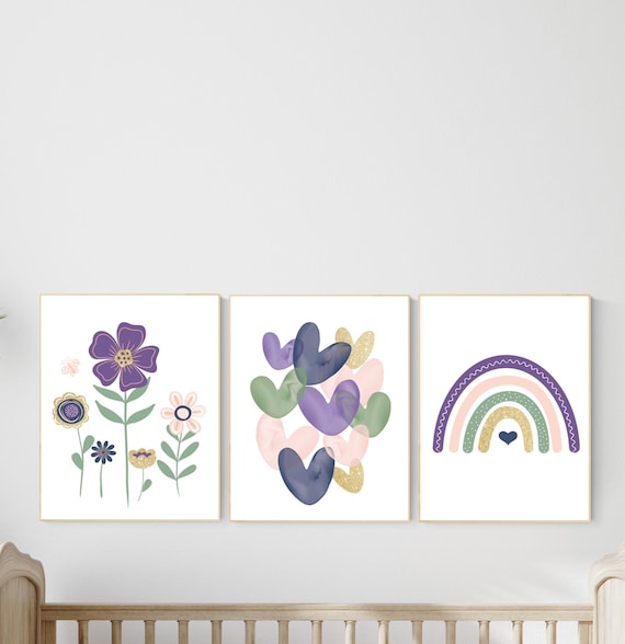 Rainbow nursery, flower nursery, rainbow prints, heart print, neutral colors, baby room, nursery wall art