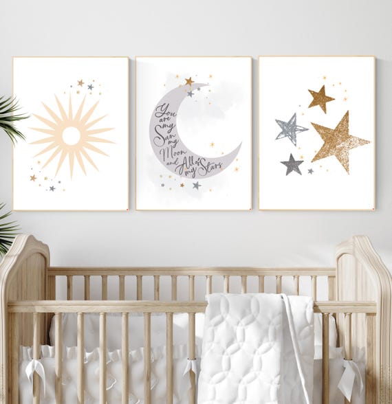 Neutral Sun Moon Stars Nursery Wall Art – “You Are My Sun Moon and All My Stars” Quote – 3 Piece Set – Gender Neutral Baby Room