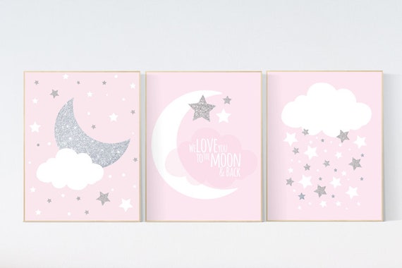 Pink silver nursery decor, nursery wall art girl, pink and silver nursery art, cloud and stars, baby room prints, baby room art girl