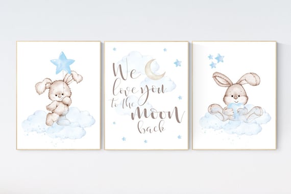 Nursery decor boy bunny, bunny print set, we love you to the moon and back, rabbit nursery decor, boy nursery, Bunny print, boy nursery art