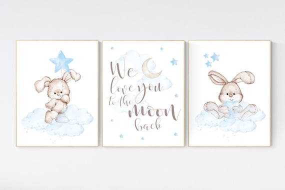 Nursery decor boy bunny, bunny print set, we love you to the moon and back, rabbit nursery decor, boy nursery, Bunny print, boy nursery art