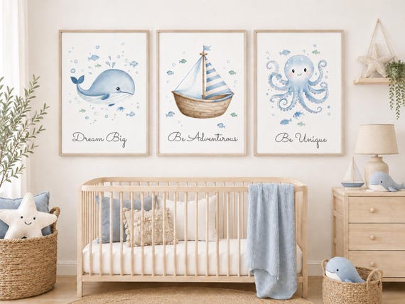 Coastal Nursery Wall Art Set of 3, Whale Sailboat Octopus Prints