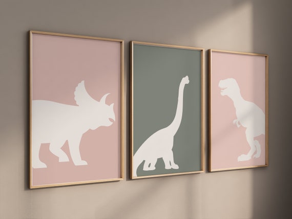 Dinosaur Prints, T-Rex Print, Triceratops Print, Brachiosaurus print, Dinosaur Wall art, girl nursery, blush and sage green, blush pink