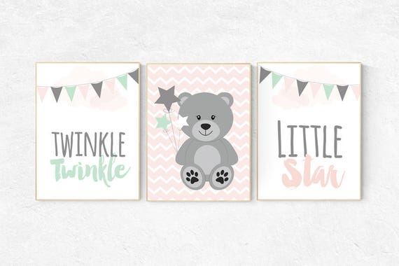 Nursery decor girl mint pink, pink and mint nursery art, twinkle twinkle little star, nursery decor bear, nursery wall art girl, girls room