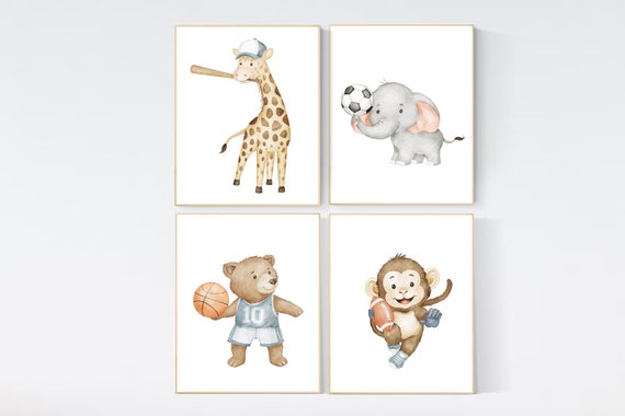 Sports nursery decor, Baby Animals Sport, Baby boy sports nursery, Safari nursery, baseball, football, soccer, basketball, sports animals