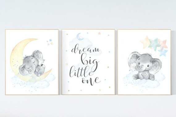 Gender neutral nursery, elephant nursery, nursery wall decor gender neutral, dream big little one, moon, cloud, stars, unisex, twin nursery
