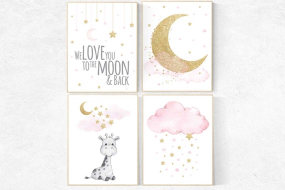 Nursery decor girl giraffe, pink and gold nursery, we love you to the moon and back, pink nursery art, cloud and stars, baby room decor