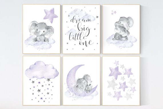 Nursery decor girl lavender, purple nursery wall art, elephant nursery decor, nursery prints animals, nursery prints set, moon and stars