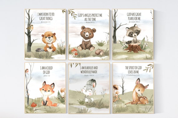 Woodland nursery decor, animals prints, woodland themed nursery, nursery wall art, nursery prints gender neutral, verse prints, bible verse