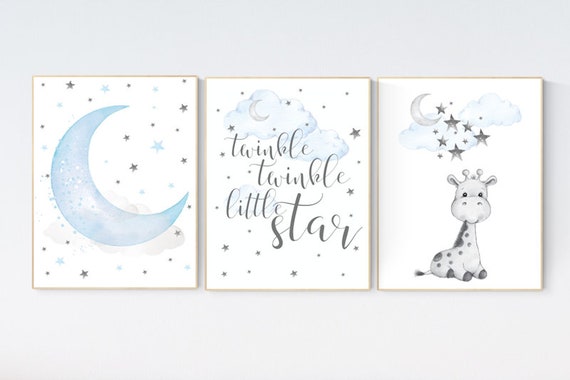 Giraffe art nursery, nursery decor boy, blue nursery art, giraffe nursery decor, twinkle twinkle little star, cloud and star nursery, boy