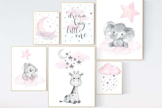 Nursery wall art girl animals, pink grey, elephant, giraffe, bear, animal prints, nursery decor girl pink, moon and stars, girl nursery