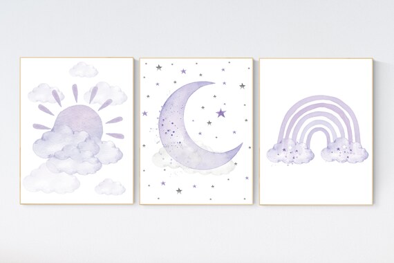 Nursery prints rainbow, Nursery decor girl purple, lilac nursery, nursery wall art girl, moon star, cloud, sun nursery, lavender, lilac