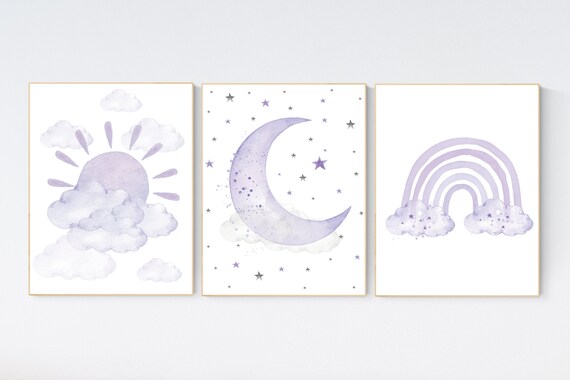 Nursery prints rainbow, Nursery decor girl purple, lilac nursery, nursery wall art girl, moon star, cloud, sun nursery, lavender, lilac