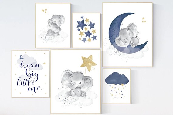 Nursery decor boy elephant, nursery wall art boy, navy Blue gold, moon and stars, navy nursery, boy nursery decor, elephant nursery art