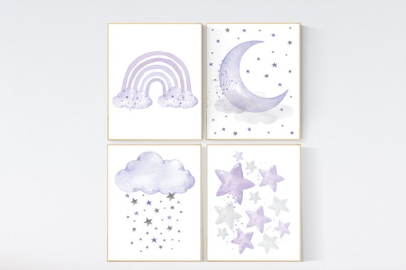 Nursery prints rainbow, Nursery decor girl purple, lilac nursery, nursery wall art girl, moon star, cloud, rainbow nursery, lavender, lilac