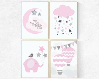 We love you to the moon and back, Baby girl nursery, Pink gray nursery, pink and silver baby shower, birth stats wall art, elephant nursery