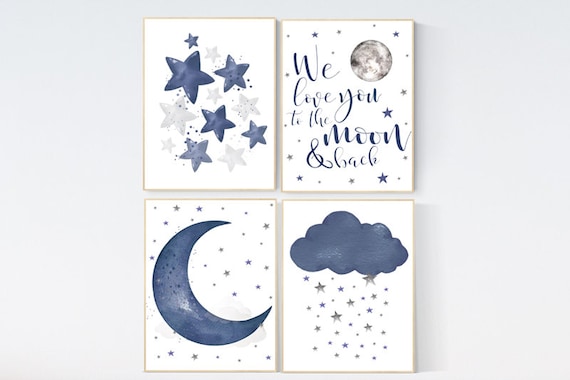 Nursery decor boy, navy nursery decor, we love you to the moon and back, moon and stars, navy blue nursery art, star nursery