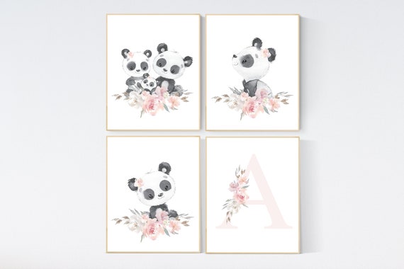 Nursery decor girl, panda nursery, blush pink and gray nursery wall art, floral nursery, nursery decor animal, girl nursery wall decor