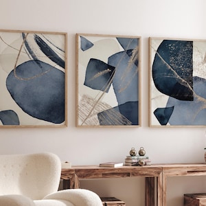 Ensemble d&#39;art mural abstrait bleu marine - Impressions géométriques or bleu, art aquarelle minimaliste moderne, décoration de bureau chambre à coucher salon, impressions triptyque