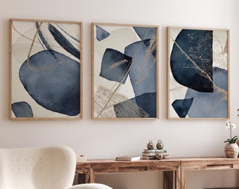 Navy Abstract Art Prints: Blue Gold Watercolor Geometric Triptych